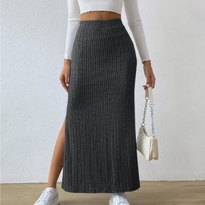 High Waisted Split Thigh Ribbed Long Skirt